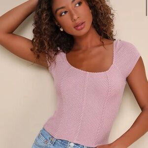 Lulu's Fitted Ribbed Cap Sleeve Blouse in Pink